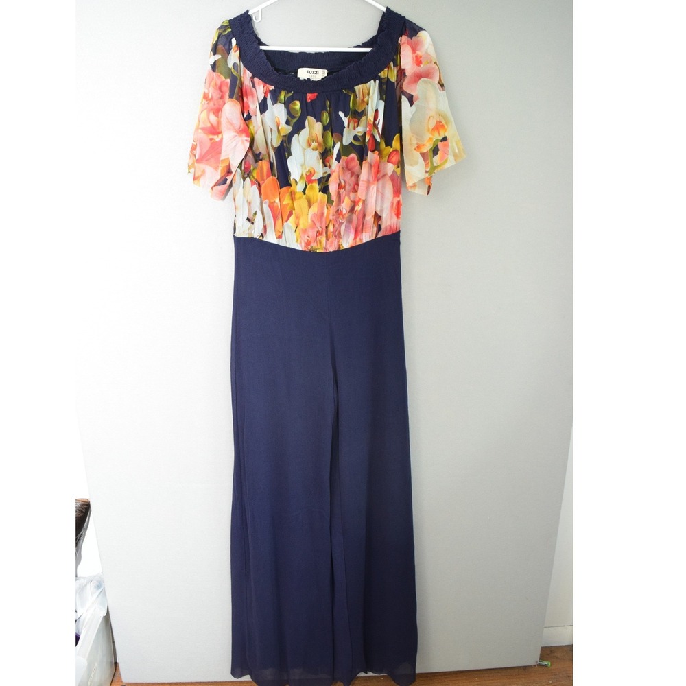 Fuzzi Jumpsuit Large Navy Floral Mesh Off Shoulder Wide Leg Women Italy Designer